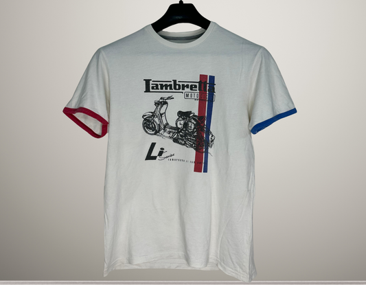 Lambretta Motorcycles Graphic T-Shirt | Vintage Scooter Li Series Tee | Red & Blue Trim | Medium Size