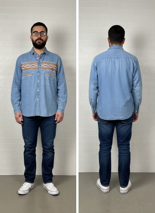 ASOS Men’s Shirt – Blue Denim with Aztec Print Size XL