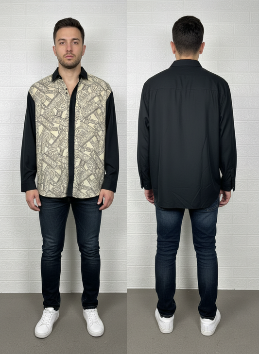 Abstract Print Shirt XL - Black & White Long Sleeve Button-Up