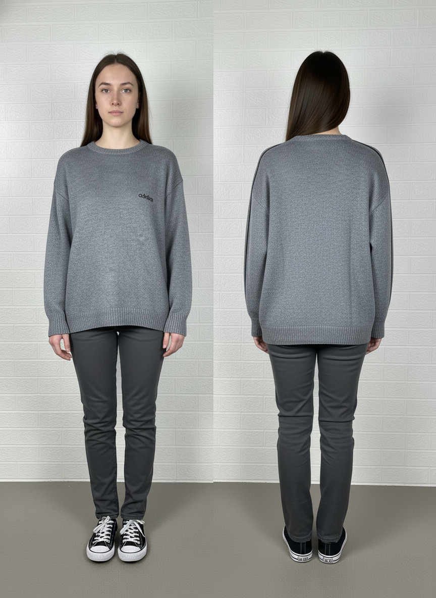 Adidas Knit Sweat Shirt – Grey with Black Sleeve Stripes – Size Large