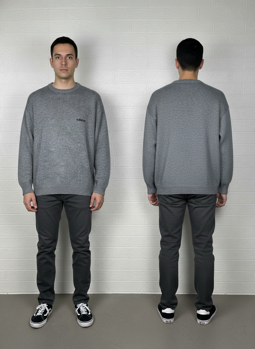 Adidas Knit Sweat Shirt – Grey with Black Sleeve Stripes – Size Large