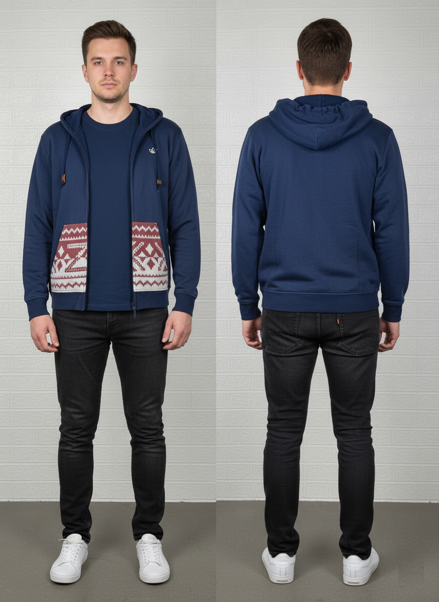 Adidas Originals Zip-Up Hoodie – Navy Blue – Size M – Graphic Pocket Design