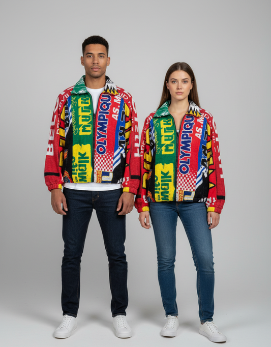 Upcycled Rework Football Scarf Jacket – Handmade Patchwork Streetwear Coat – Soccer Fan Vintage Style – Size Large