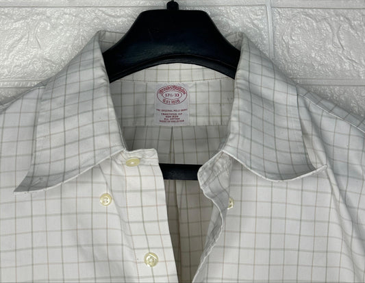 Brooks Brothers Traditional Fit Original Polo Dress Shirt | White with Beige Windowpane | Size 17½-33
