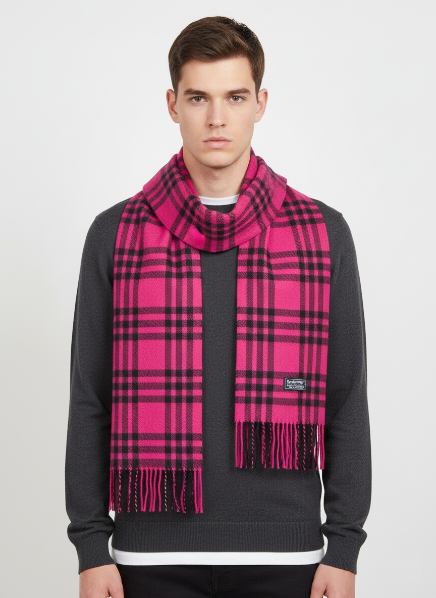 Burberrys Pink & Black Tartan Wool Scarf – 100% Pure Lambswool Checked Muffler