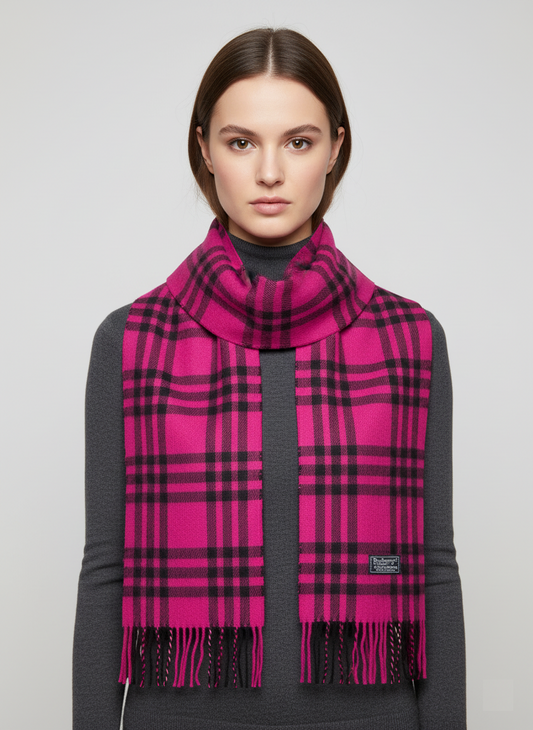 Burberrys Pink & Black Tartan Wool Scarf – 100% Pure Lambswool Checked Muffler