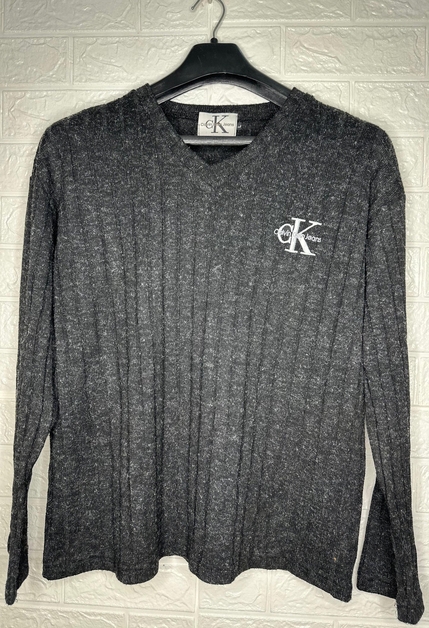 Calvin Klein Jeans Ribbed V-Neck Sweater L - Grey Heathered Knit Pullover