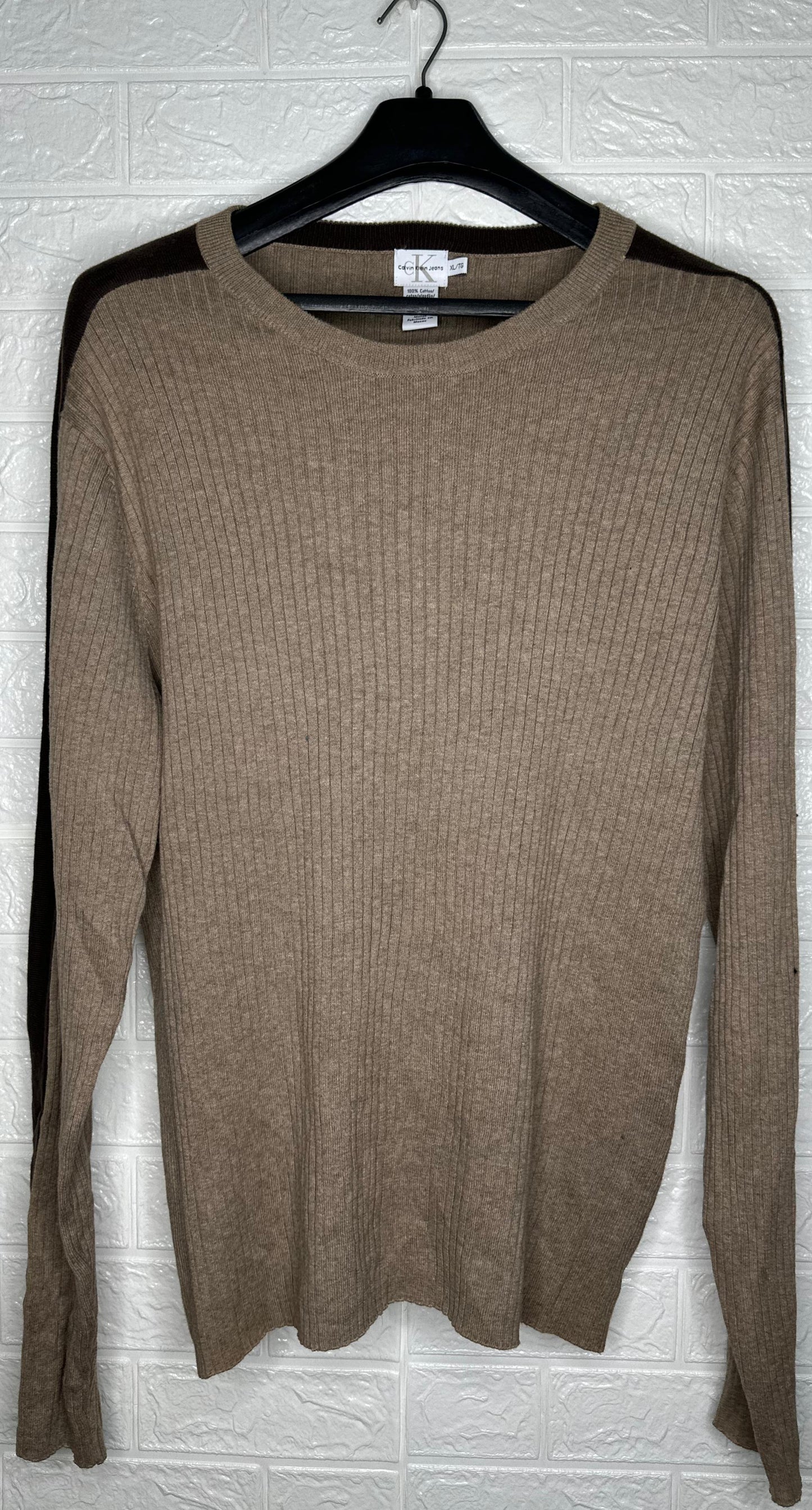 Calvin Klein Jeans Ribbed Sweater XL - Tan & Brown Crewneck Pullover