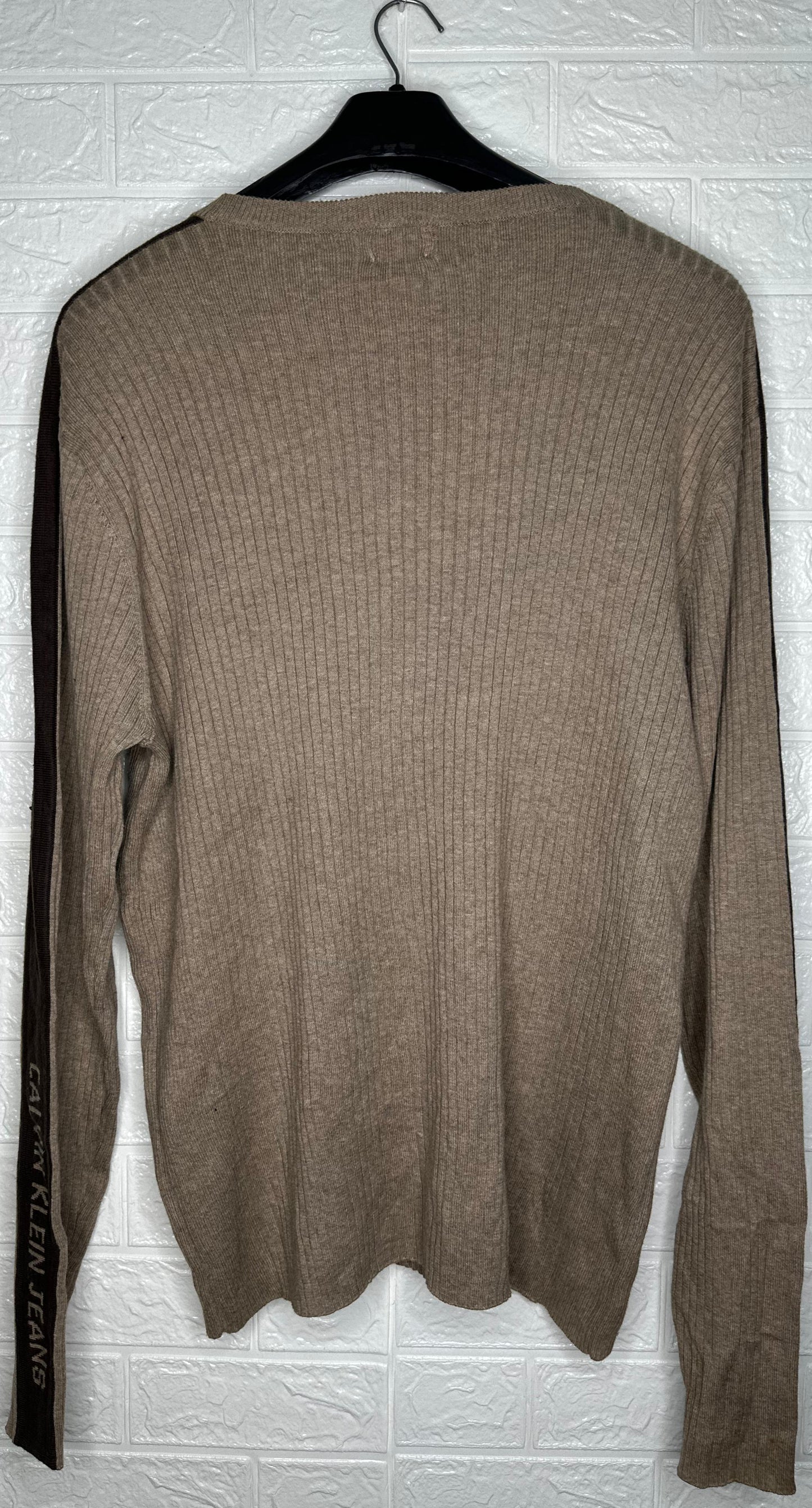 Calvin Klein Jeans Ribbed Sweater XL - Tan & Brown Crewneck Pullover