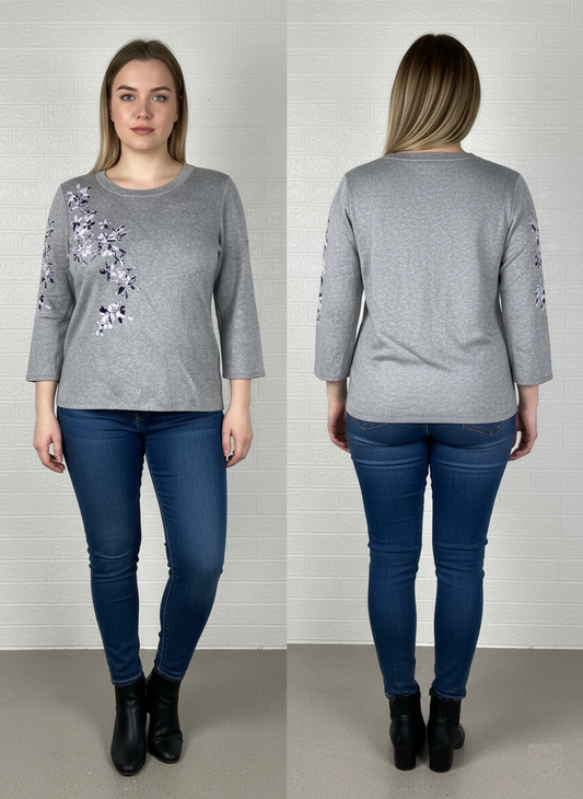 Calvin Klein Floral Embroidered Sweatshirt Medium - Grey Graphic Pullover for Women