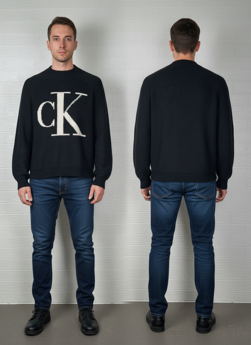 Calvin Klein Jeans Mock Neck Sweater M - Black & White CK Logo Pullover