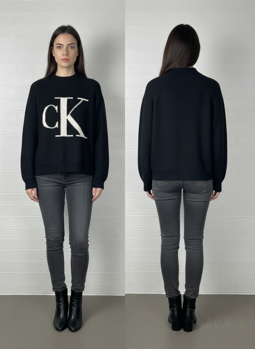 Calvin Klein Jeans Mock Neck Sweater M - Black & White CK Logo Pullover