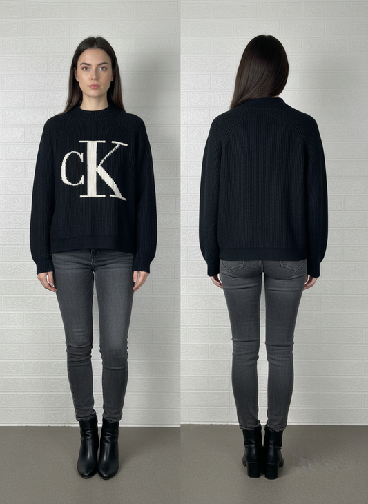 Calvin Klein Jeans Mock Neck Sweater M - Black & White CK Logo Pullover
