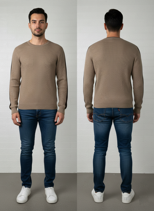 Calvin Klein Jeans Ribbed Sweater XL - Tan & Brown Crewneck Pullover