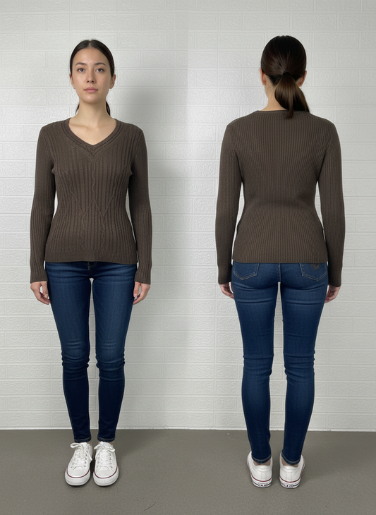 Calvin Klein Jeans Ribbed V-Neck Sweater L - Brown Knit Pullover