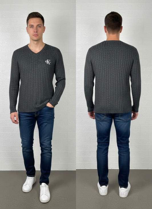 Calvin Klein Jeans Ribbed V-Neck Sweater L - Grey Heathered Knit Pullover