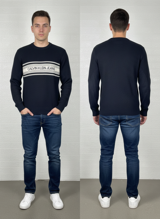 Calvin Klein Jeans Striped Crewneck Sweater L - Black & Grey Ribbed Pullover