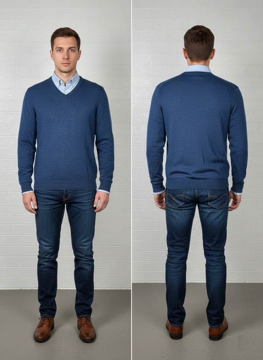 Calvin Klein Navy V-Neck Sweater L - 100% Merino Wool Pullover for Men