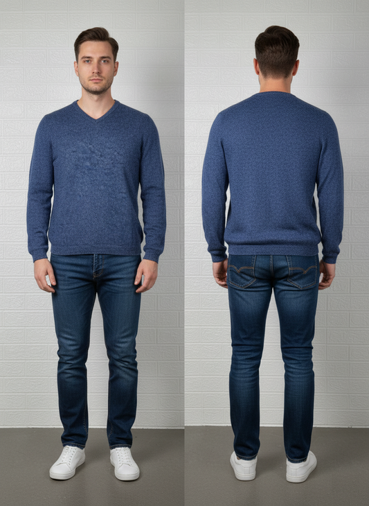 Calvin Klein V-Neck Sweater M - Blue 100% Extra Fine Merino Pullover