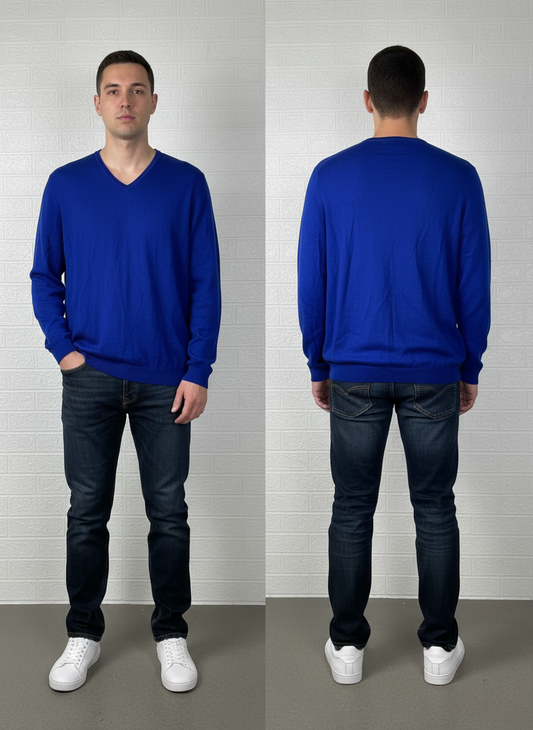 Calvin Klein V-Neck Sweater XXL - Blue Extra Fine Merino Pullover for Men