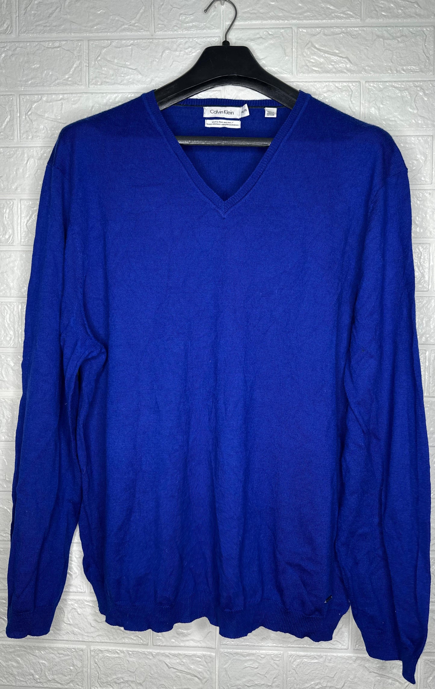 Calvin Klein V-Neck Sweater XXL - Blue Extra Fine Merino Pullover for Men