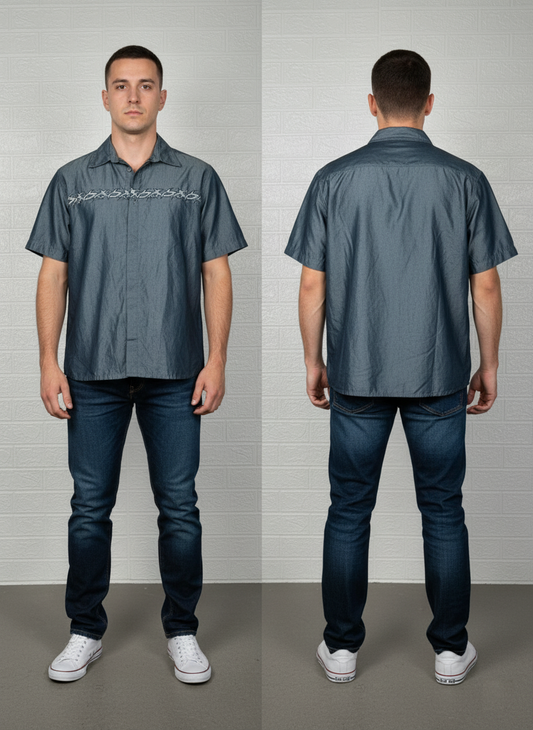 Cedar wood State Men’s Shirt – Blue Short Sleeve with Print