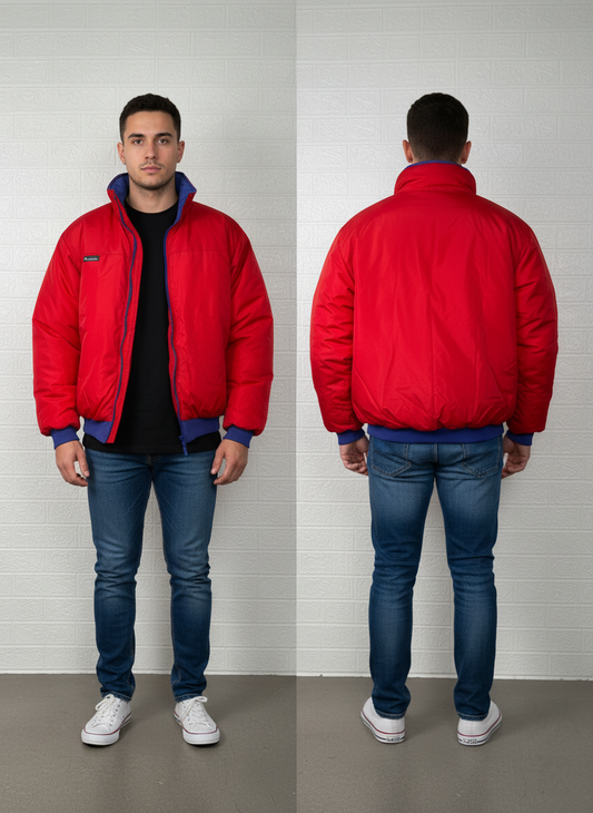Columbia Vintage Red Puffer Jacket – Blue Trim Winter Coat, Size XL