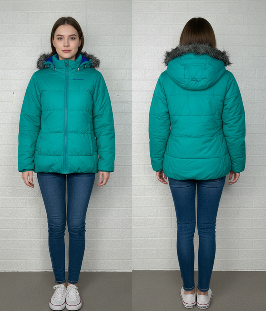 Columbia Women’s Winter Puffer Jacket – Teal with Faux Fur Hood, Size Large