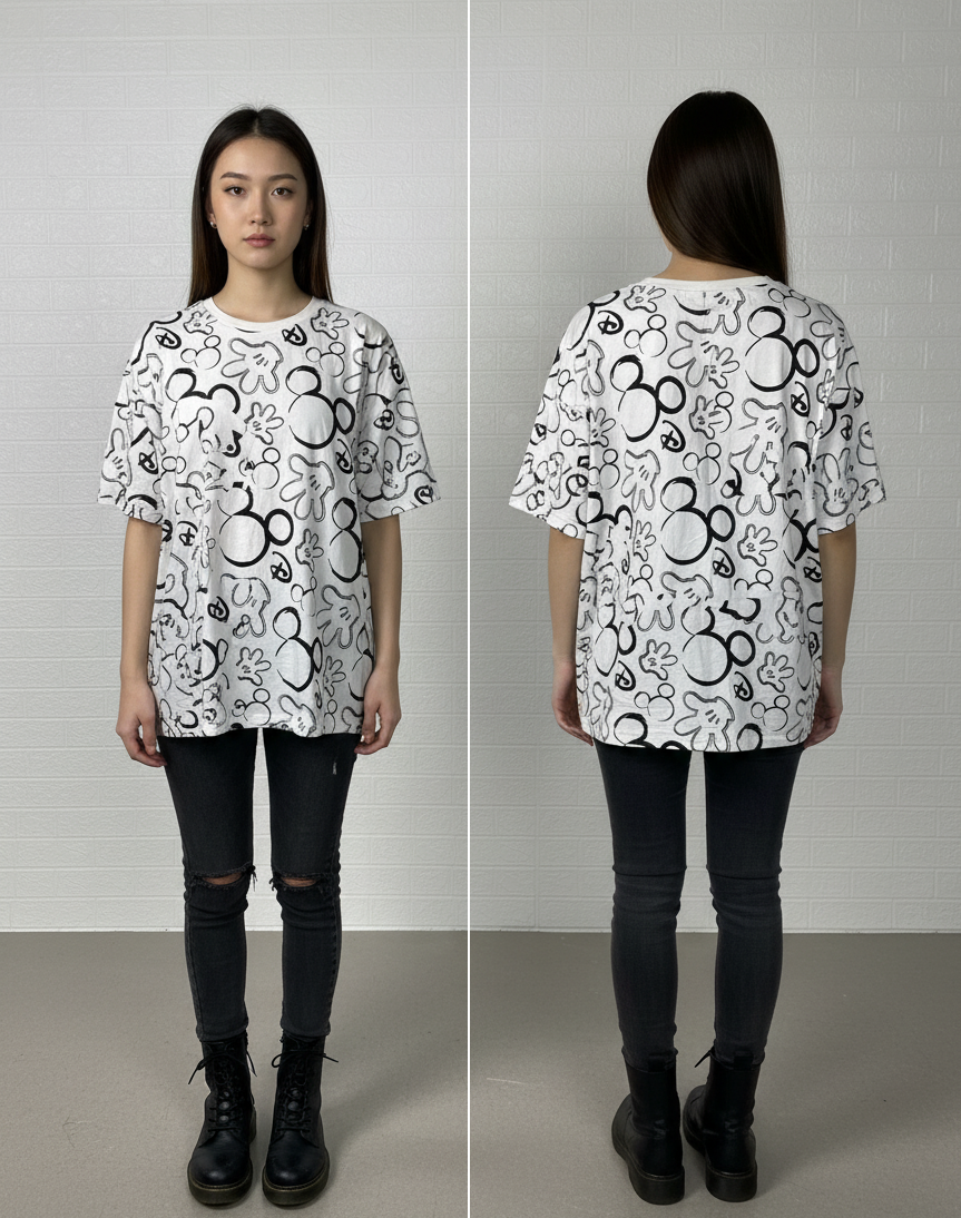 Disney Mickey Mouse Hands All-Over Print T-Shirt M - Black & White Classic Tee