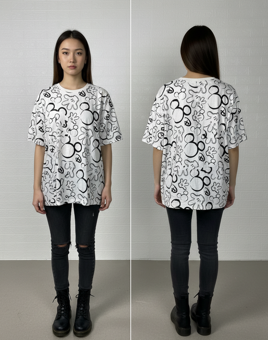 Disney Mickey Mouse Hands All-Over Print T-Shirt M - Black & White Classic Tee