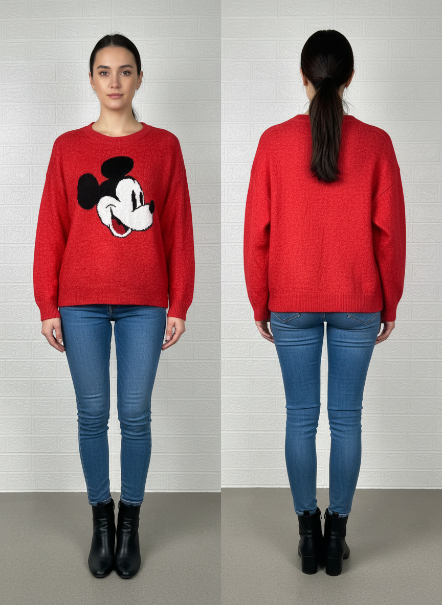Disney Mickey Mouse Sweatshirt Large - Red Knitted Pullover for Men & Women