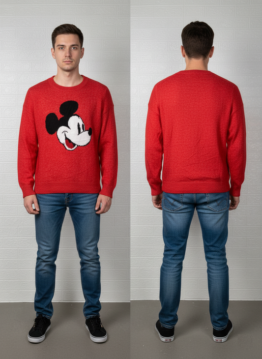 Disney Mickey Mouse Sweatshirt Large - Red Knitted Pullover for Men & Women