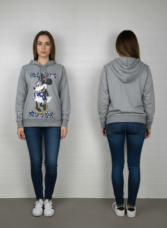 Disney Minnie Mouse Pullover Hoodie M - Grey & Blue Graphic Sweatshirt