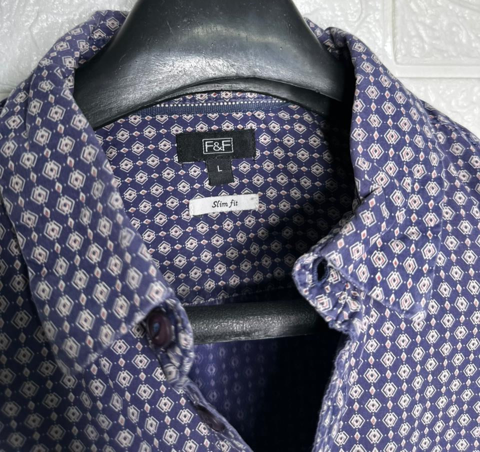 F&F Men’s Shirt – Blue Printed Short Sleeve Casual Wear