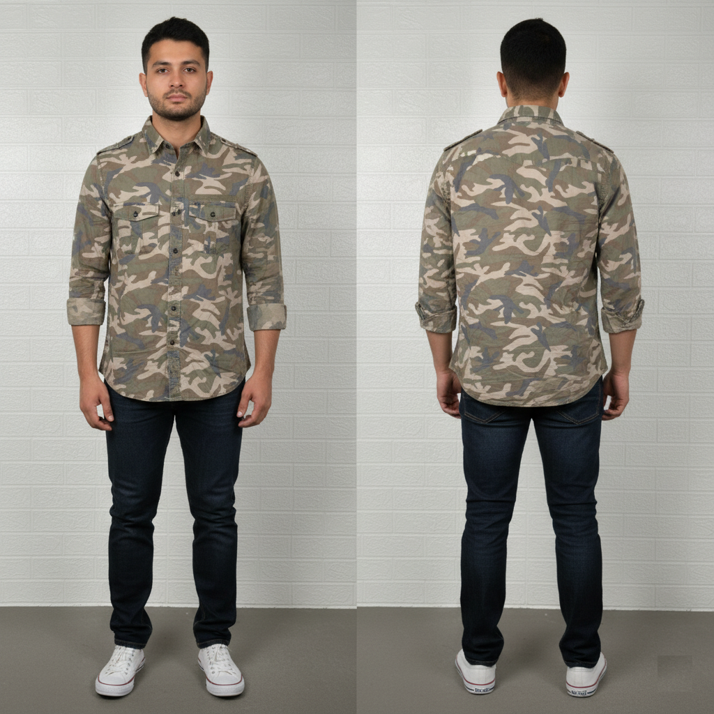 FSBN Men’s Shirt – Camo Print Long Sleeve Casual Wear Size Small