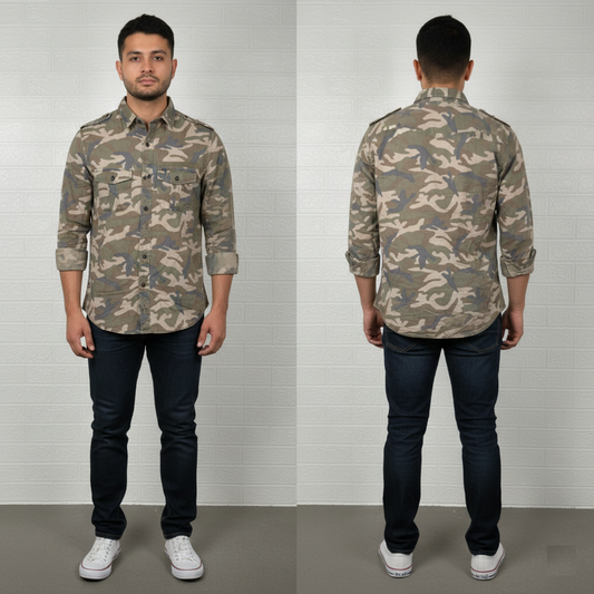 FSBN Men’s Shirt – Camo Print Long Sleeve Casual Wear Size Small
