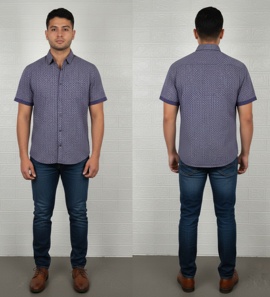 F&F Men’s Shirt – Blue Printed Short Sleeve Casual Wear