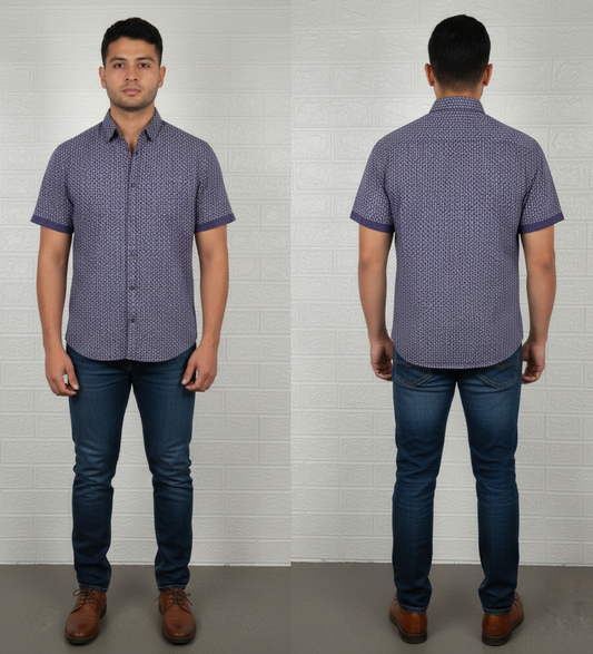 F&F Men’s Shirt – Blue Printed Short Sleeve Casual Wear