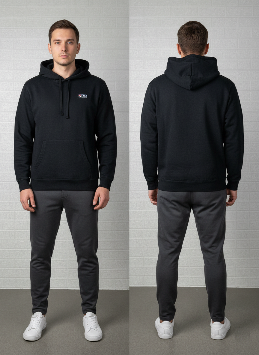 Fila Classic Black Hoodie - Front Logo Pullover Sweatshirt
