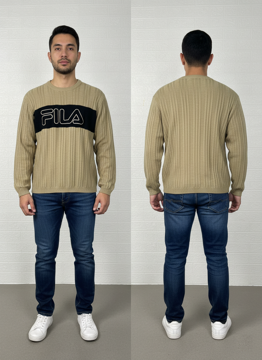 Fila Ribbed Knit Sweater – Beige with Black Stripe – Men’s Size S