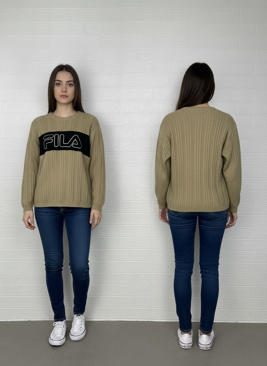 Fila Ribbed Knit Sweater – Beige with Black Stripe – Men’s Size S