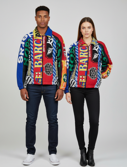 Upcycled Rework Football Scarf Jacket – Handmade Patchwork Streetwear Coat – Soccer Fan Vintage Style – Size Large