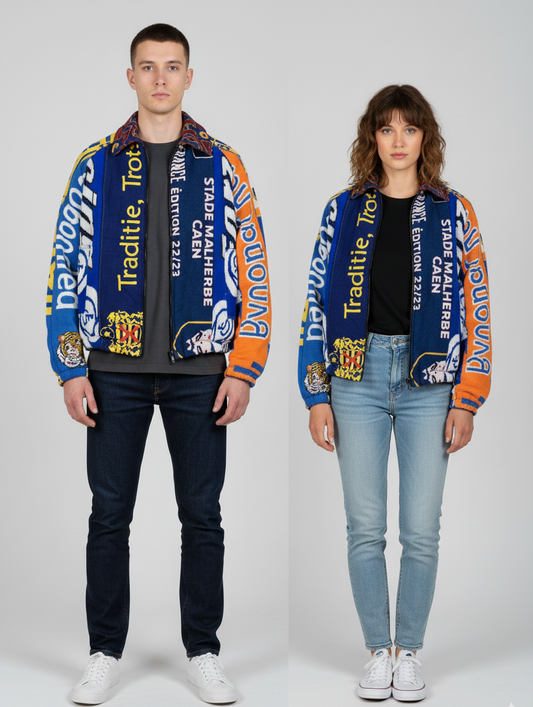Upcycled Rework Football Scarf Jacket – Handmade Patchwork Streetwear Coat – Soccer Fan Vintage Style – Size Large