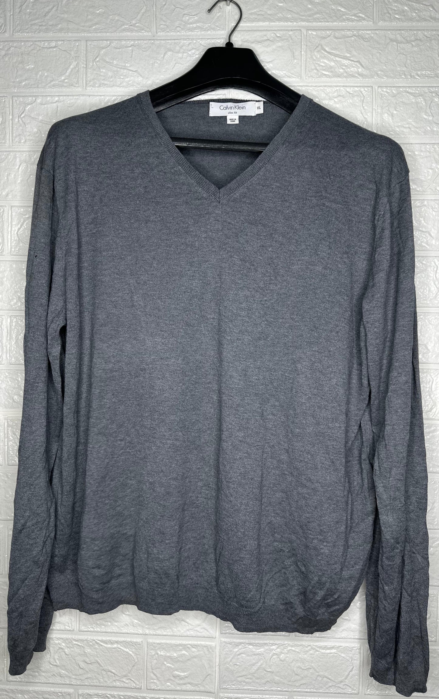 Calvin Klein Slim Fit V-Neck Sweater XXL - Grey Heathered Knit Pullover