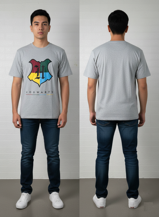 Hogwarts Crest Graphic T-Shirt | Harry Potter House Colors Tee | Official Wizarding World Shirt | Large Grey