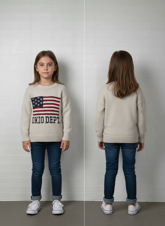 Kids Vintage Style American Flag Sweater | Size 3-4 Years | Ohio Dept Knit Pullover | Patriotic USA Crewneck | Toddler Americana Jumper