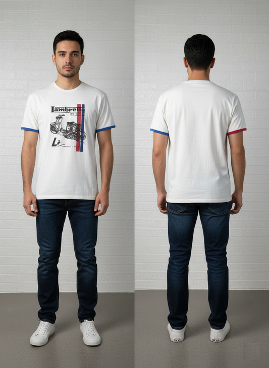 Lambretta Motorcycles Graphic T-Shirt | Vintage Scooter Li Series Tee | Red & Blue Trim | Medium Size