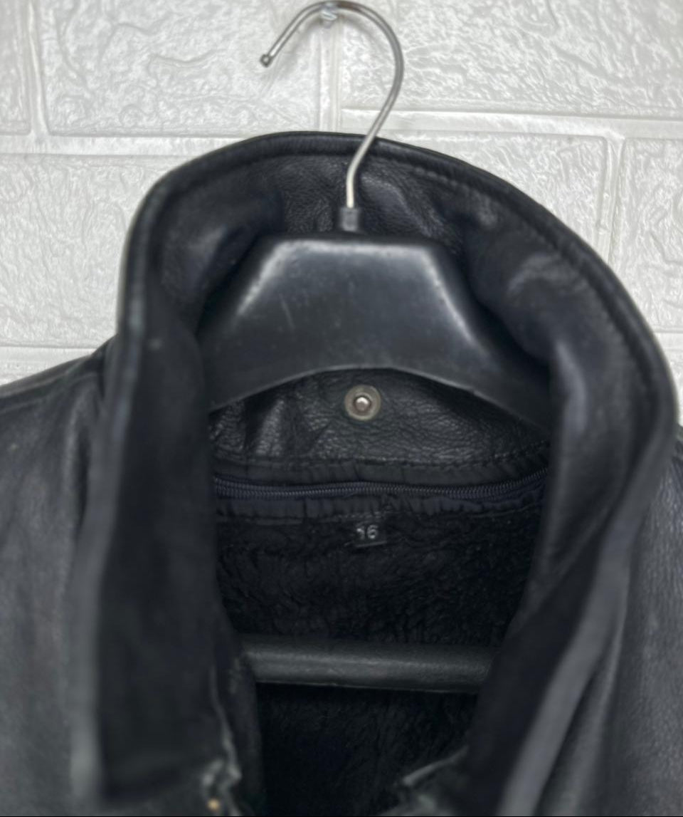 Men’s Black Leather Jacket – Bomber Style, Size 16