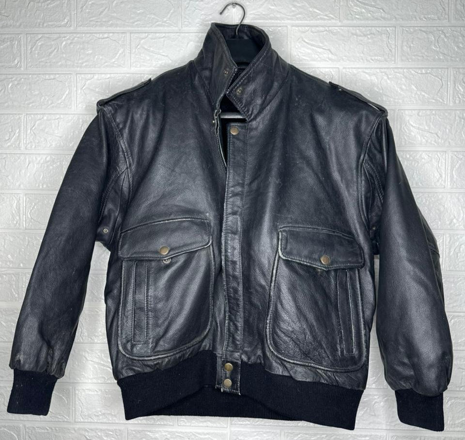 Men’s Black Leather Jacket – Bomber Style, Size 16