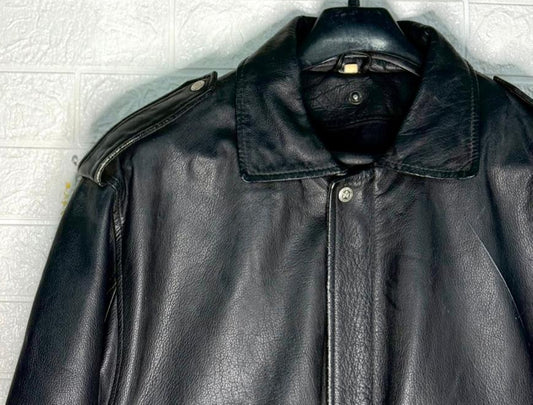 Vintage Black Leather Bomber Jacket | Hand-Painted Tiger Design | Men’s Large